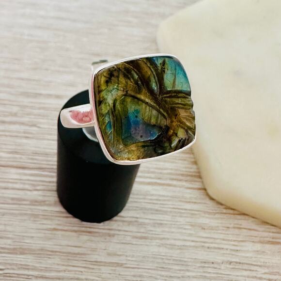 Natural Carving Labradorite Madagascar Sterling Silver Ring Size 9 - Picture 7 of 9